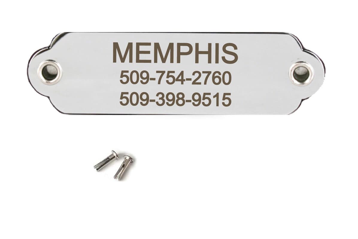 Front of Rivet-On nameplate, polished stainless steel engraved MEMPHIS, phones 509-754-2760/509-398-9515, rivets on white