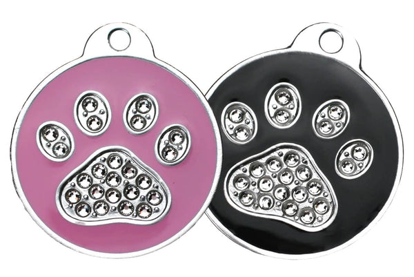 GoTags Paw Print Pet ID Tag with Swarovski Crystals Pink and Black Pet Tags