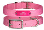 Front view of pink nylon dog collar with rivet-on nameplate engraved Bella 509-754-2760 509-398-9515 on white background