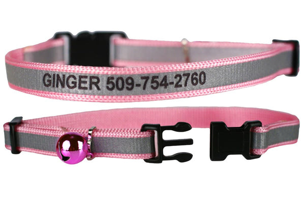 GoTags Engraved Reflective Cat Collars with Name and Phone Number, Pink Breakaway Cat Collar with Bell