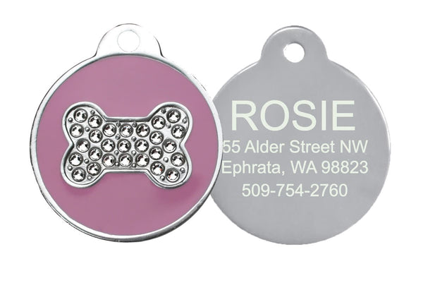 GoTags Pink Dog ID Tag with Swarovski Crystal Bone