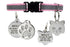 Front view of pink reflective breakaway cat collar with removable bell and stainless engraved ID tag on white background