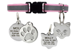 GoTags Reflective Breakaway Cat Collar with Cat Tag, Pink Breakaway Cat Collar with Bell and Personalized Tag