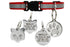 Front view of reflective red cat collar with stainless steel ID tags showing sample engraving MOLLY on white background