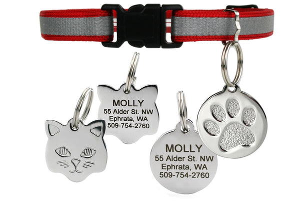 GoTags Red Reflective Breakaway Cat Collar with Tag, Stainless Steel Cat ID Tag Personalized Engraved