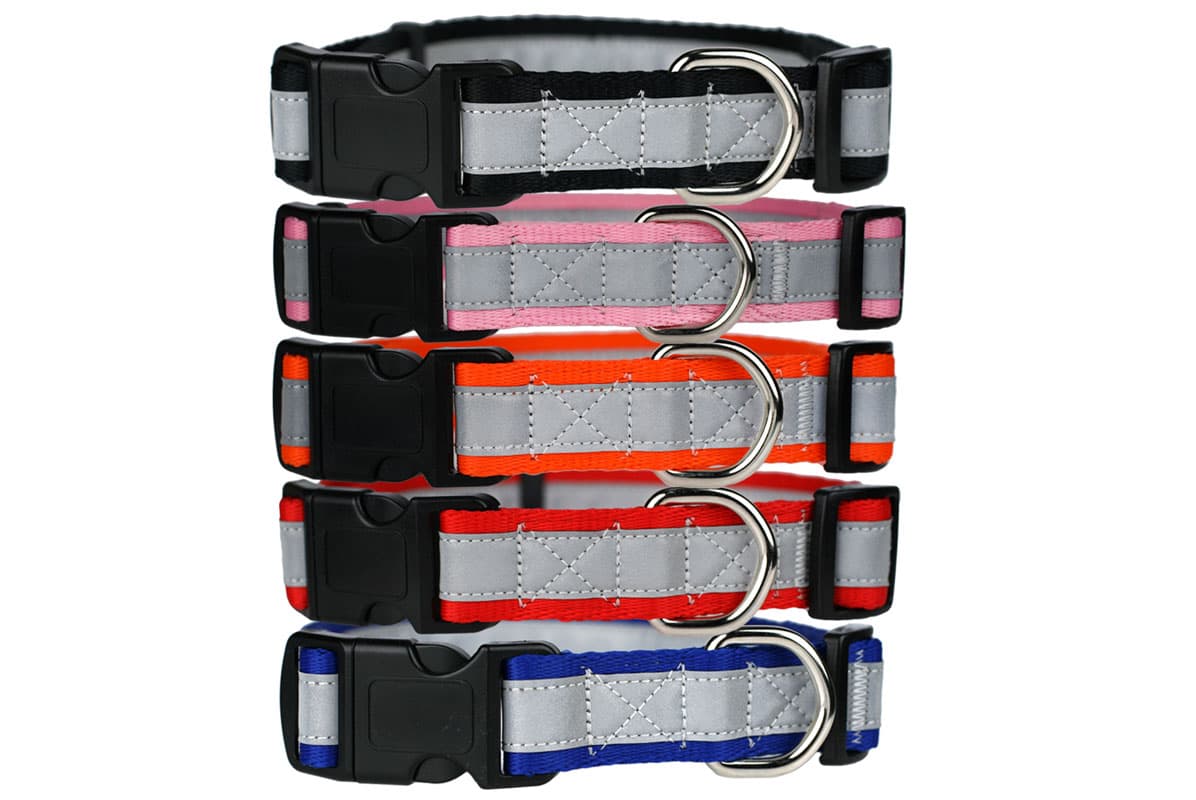 Front view of five Reflective Dog Collars with quick release snap buckles, metal D rings, and reflective strips on white background
