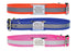 Front view of three reflective BioThane dog collars showcasing slide-on stainless steel nameplates on a white background