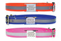 Front view of three reflective BioThane dog collars showcasing slide-on stainless steel nameplates on a white background