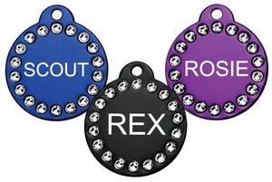 GoTags Round Pet Tags with Swarovski Crystals, Personalized Engraved Dog Tags