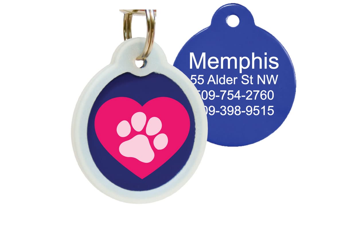 Front and back view of heart and paw pet ID tag showing white silencer, pink heart shaped paw on navy front and blue engraved back on white background