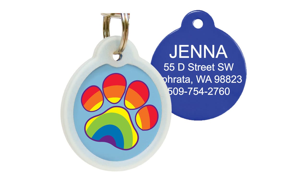 Front of Rainbow Paw Print pet ID tag with glow-in-the-dark white silencer and visible blue engraved back on white