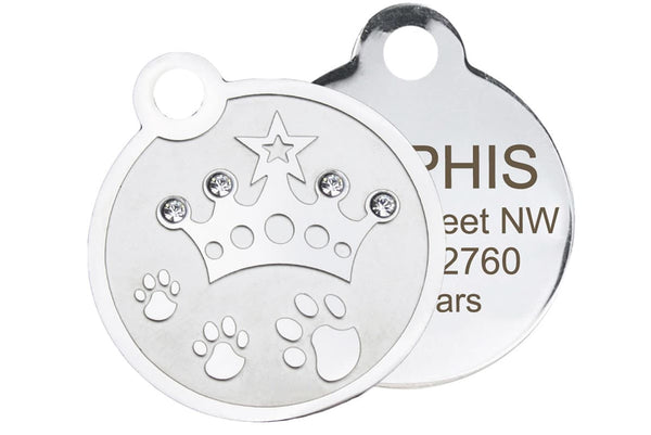 GoTags Stainless Steel Pet ID Tag with Swarovski Crystal Crown, Personalized and Engraved Pet Tags