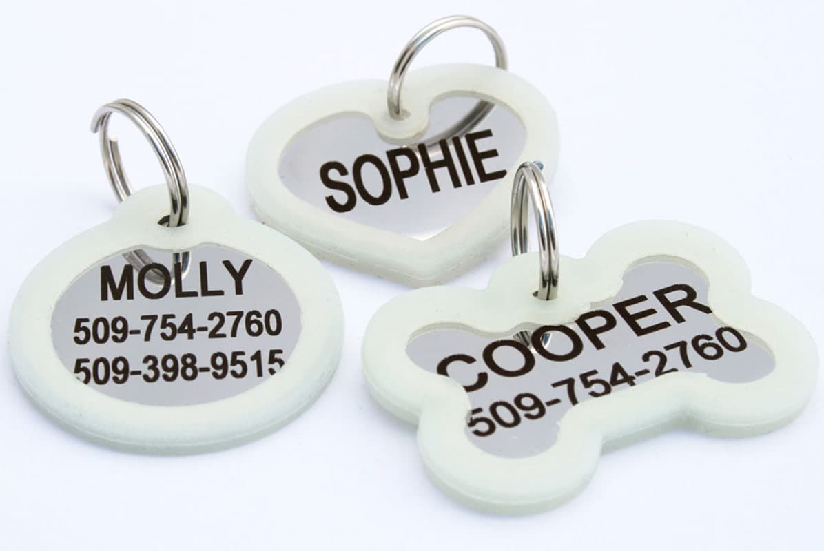 Front close-up of three stainless steel pet ID tags (bone, round, heart) showing glow-in-the-dark silencers and engraved names on white background
