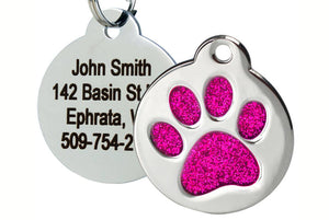 GoTags Stainless Steel Pet Tag with Pink Glitter Paw Print, Personalized with 4 Lines of Engraved Text