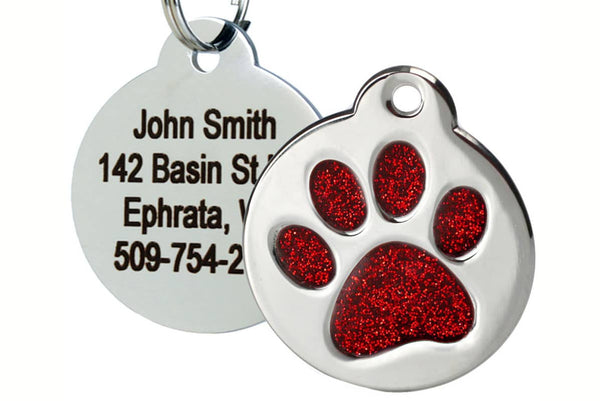 GoTags Dog Tag with Red Glitter in Paw Print Shape, Stainless Steel Pet Tag Personalized with 4 Lines of Engraved ID