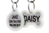 Front close-up of stainless steel pet ID tags showcasing white silicone silencers and engraved names Jake and Daisy on white background