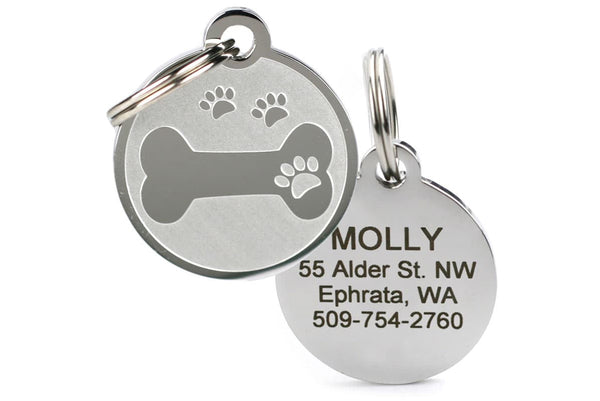 Bone and Paw Print Dog Tag in Stainless Steel