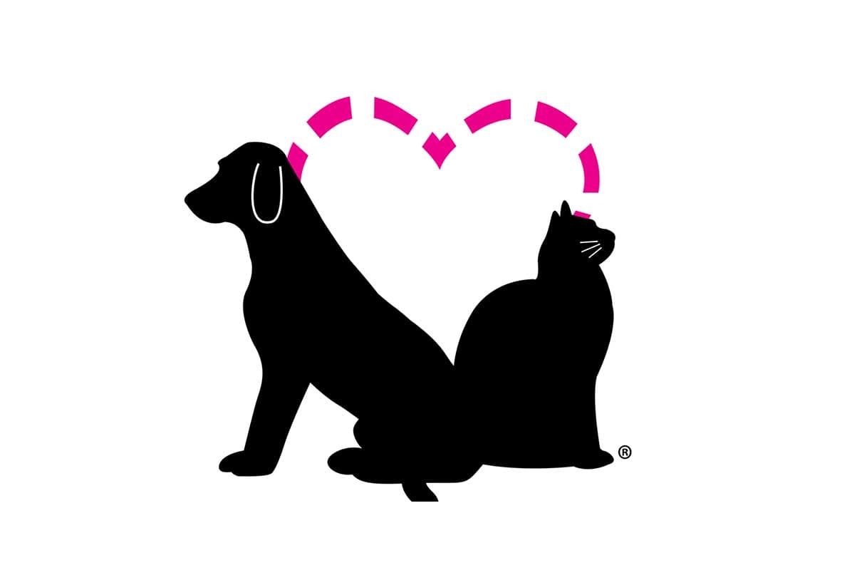 Front view of Save This Life pet ID tag showing black dog and cat silhouettes with a pink dashed heart on a white background